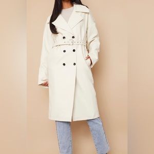 PRETTYLITTLETHING Faux Leather Cream Trench Coat